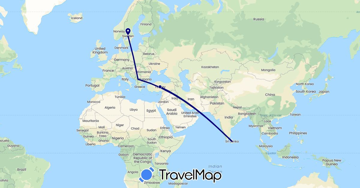TravelMap itinerary: driving in Sri Lanka, Sweden, Turkey, Kosovo (Asia, Europe)